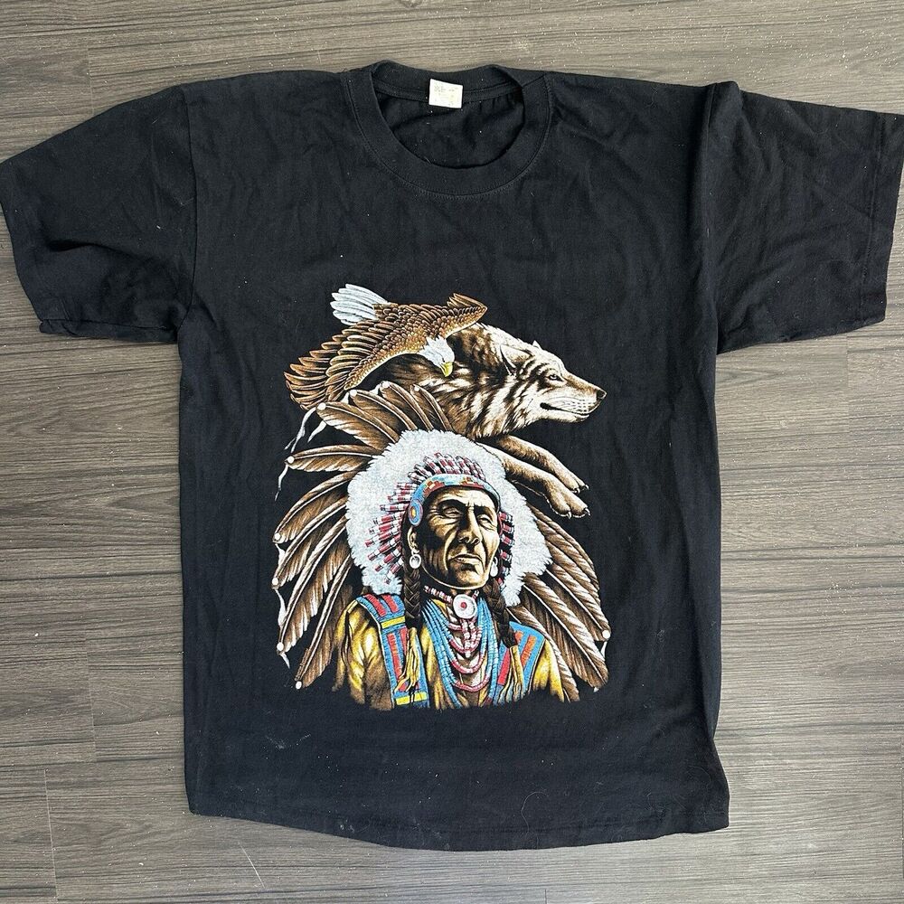 VTG Native American Chief Wolf Eagle T Shirt Men’s Size XL Single Stitch 90s